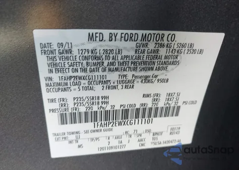 2012 Ford Taurus Sel из США, поврежденный, VIN 1FAHP2EWXCG111101
